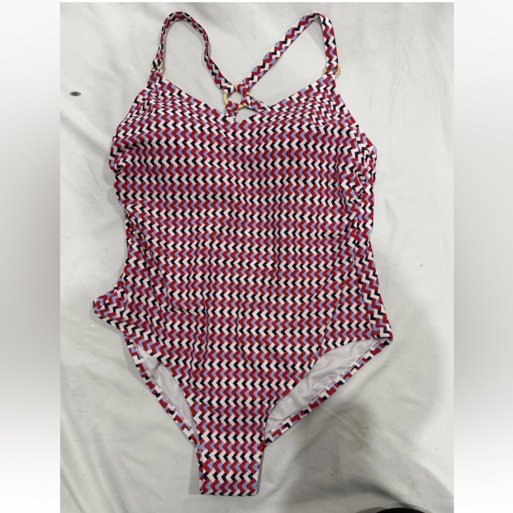 Kona Sol Red Blue Chevron One Piece Swimsuit Size 18– Crisscross Back NWT